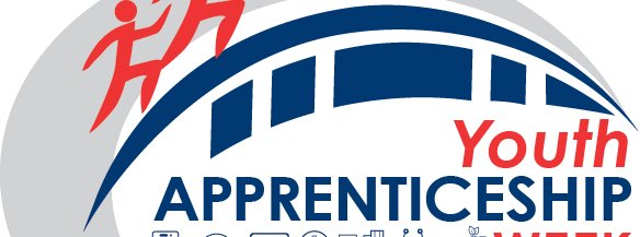 A gray, red, blue and white logo for youth apprenticeship week.