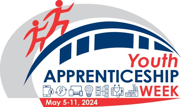 A gray, red, blue and white logo for youth apprenticeship week.
