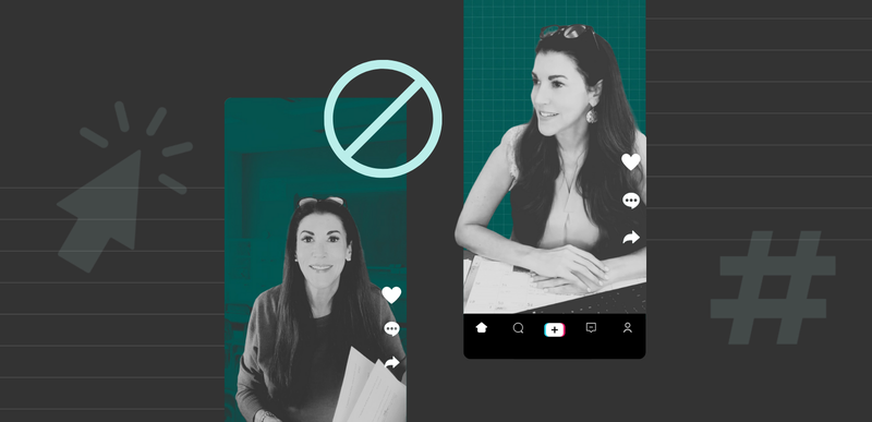 Editorial image of TikTok creator Jessica Hawk (@myteacherface) on a dark background and symbols.