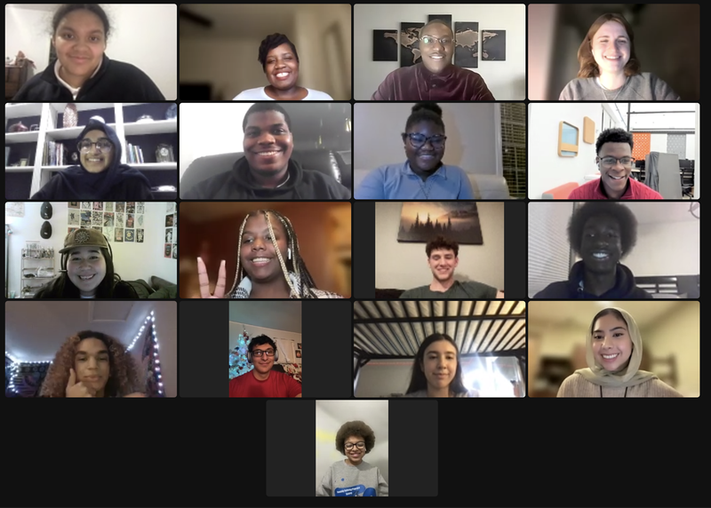 A screenshot of a Zoom meeting with 17 people smiling and/or waving at the camera. Most are members of the 2023-24 PAYA Youth Council.